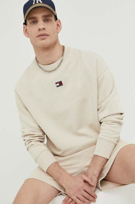 Бавовняна кофта Tommy Jeans чоловіча колір бежевий з аплікацією (2995631)