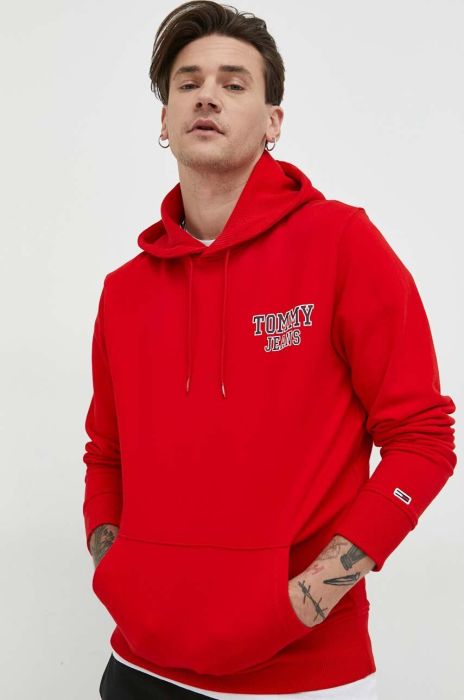 Бавовняна кофта Tommy Jeans чоловіча колір червоний з капюшоном з принтом