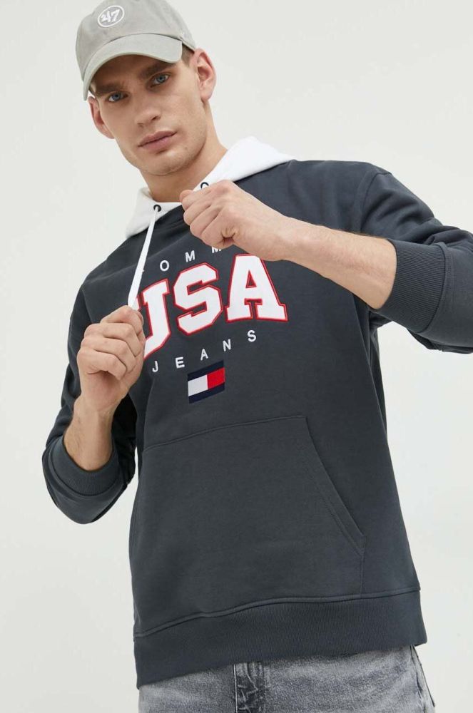 Кофта Tommy Jeans чоловіча колір сірий з капюшоном з аплікацією (3006964)