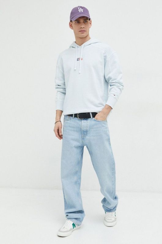 Бавовняна кофта Tommy Jeans чоловіча з капюшоном однотонна колір блакитний (2973843) фото 2