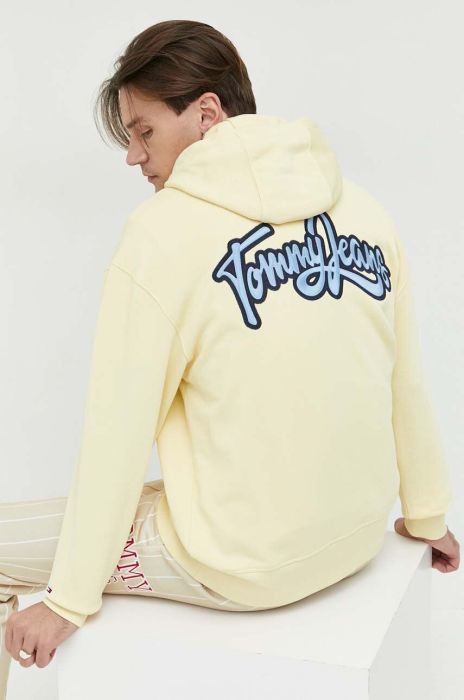 Бавовняна кофта Tommy Jeans чоловіча колір жовтий з капюшоном з аплікацією