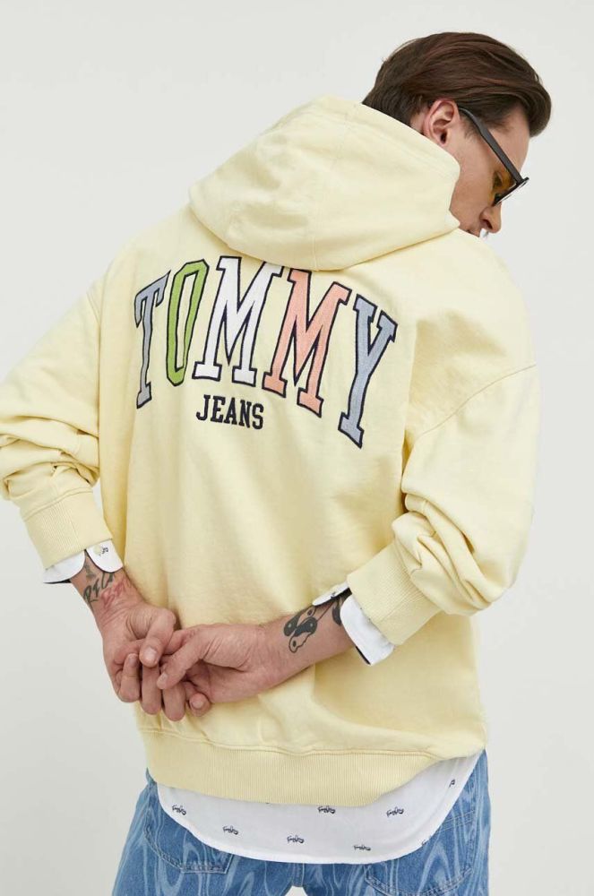 Бавовняна кофта Tommy Jeans чоловіча колір жовтий з капюшоном однотонна