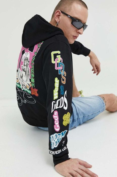 Бавовняна кофта GCDS чоловіча колір чорний з капюшоном візерунок