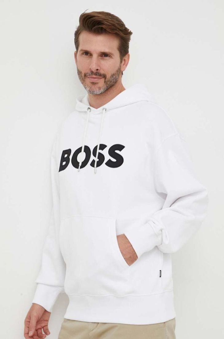 Бавовняна кофта BOSS чоловіча колір білий з капюшоном з аплікацією