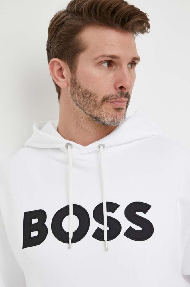 Бавовняна кофта BOSS чоловіча колір білий з капюшоном з аплікацією фото 4