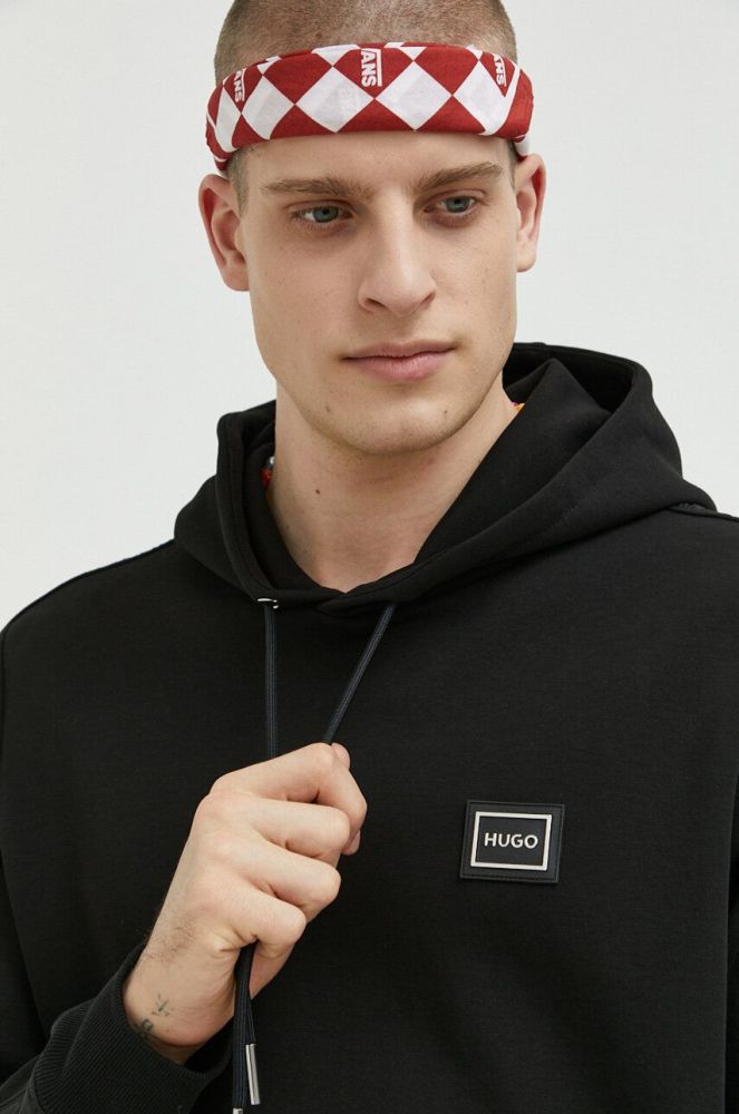 Кофта HUGO чоловіча колір чорний з капюшоном з аплікацією