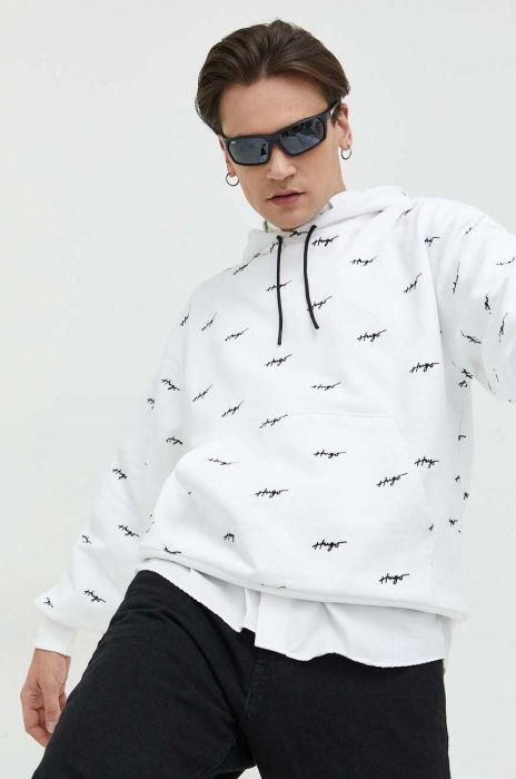 Бавовняна кофта HUGO чоловіча колір білий з капюшоном візерунок