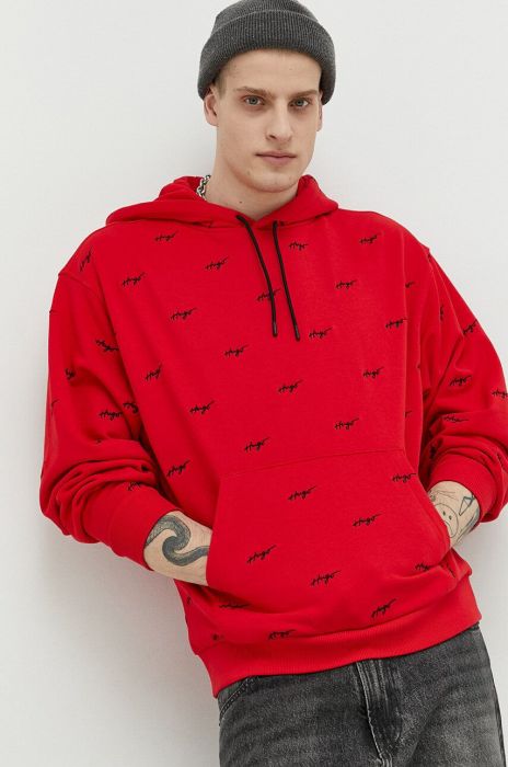 Бавовняна кофта HUGO чоловіча колір червоний з капюшоном візерунок