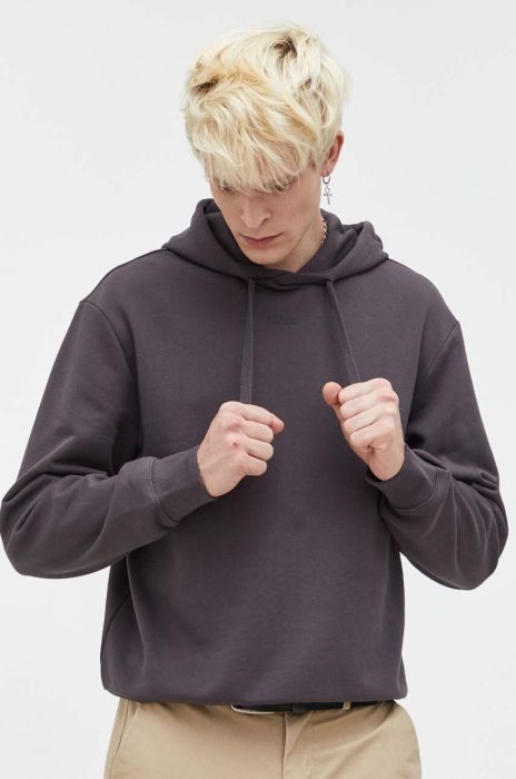 Бавовняна кофта HUGO чоловіча колір сірий з капюшоном однотонна