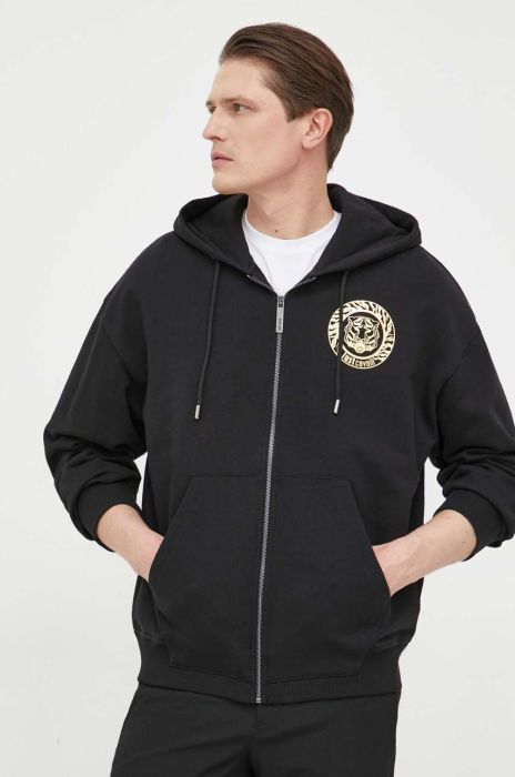 Бавовняна кофта Just Cavalli чоловіча колір чорний з капюшоном з принтом (3229849)