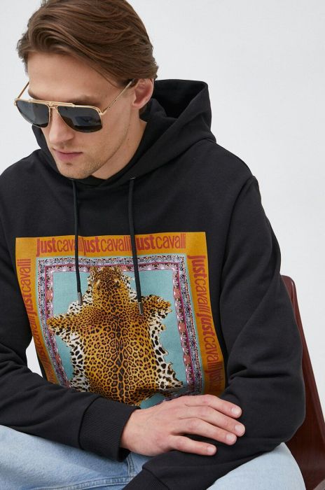 Кофта Just Cavalli чоловіча колір чорний з капюшоном з принтом