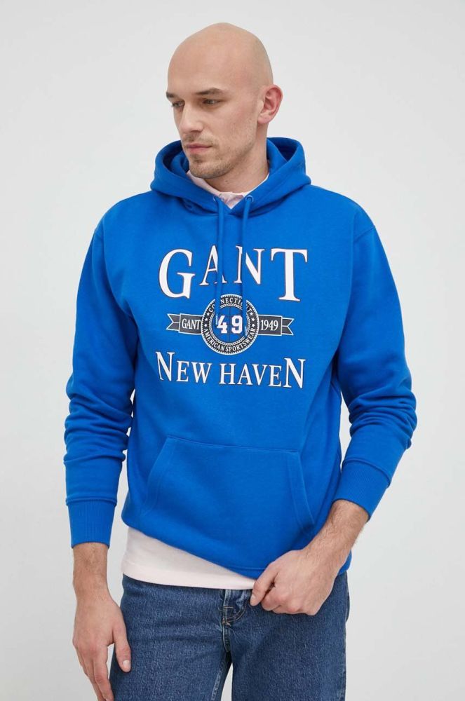 Кофта Gant чоловіча з капюшоном з принтом колір блакитний