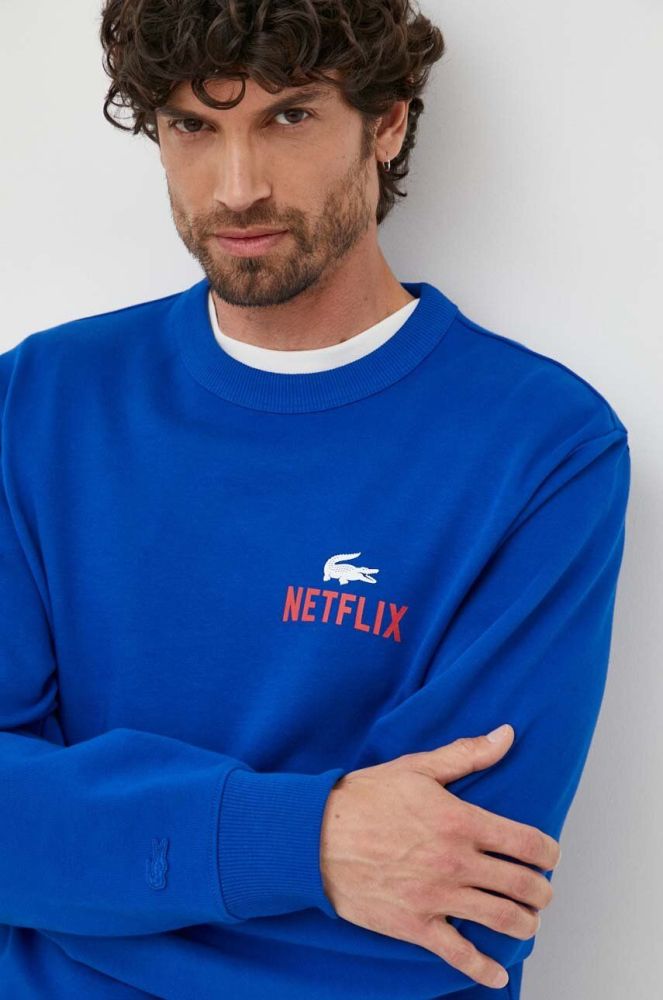Бавовняна кофта Lacoste x Netflix чоловіча колір синій візерунок SH7717-JQ0