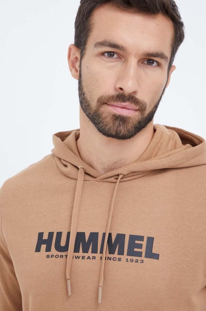 Бавовняна кофта Hummel чоловіча колір бежевий з капюшоном з принтом