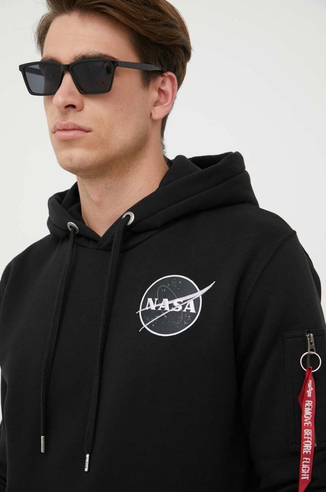 Кофта Alpha Industries x Nasa чоловіча колір чорний з капюшоном з принтом