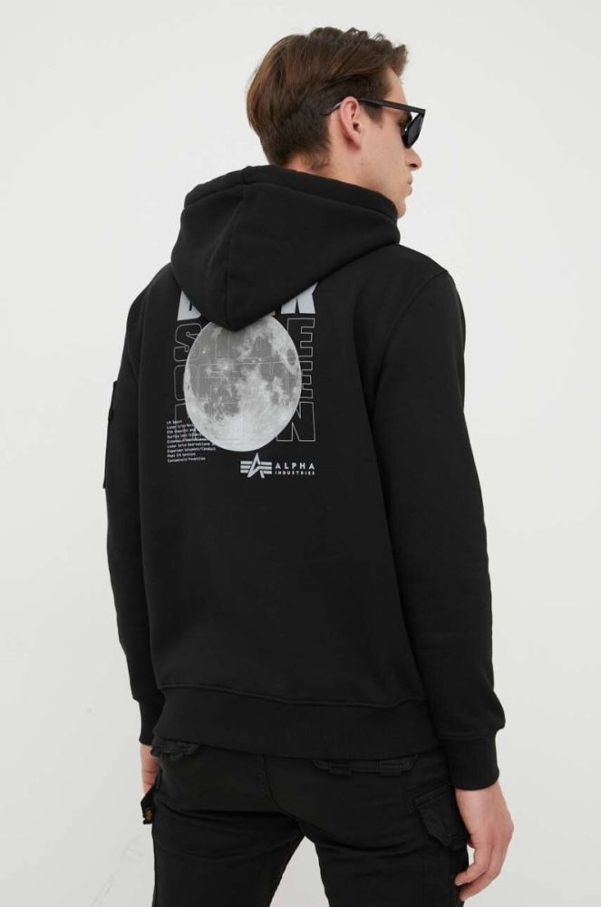 Кофта Alpha Industries x Nasa чоловіча колір чорний з капюшоном з принтом фото 3