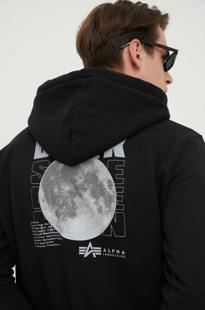 Кофта Alpha Industries x Nasa чоловіча колір чорний з капюшоном з принтом фото 5