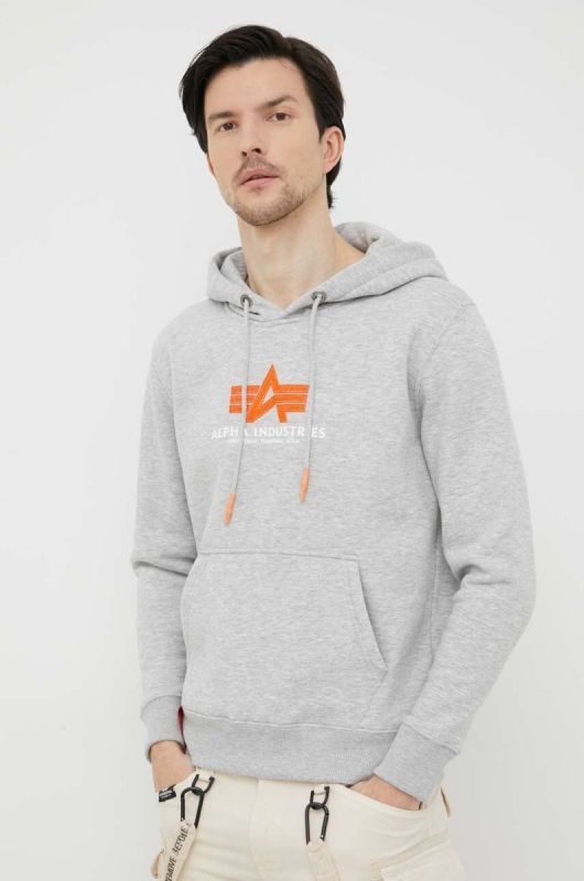 Кофта Alpha Industries чоловіча колір сірий з капюшоном з принтом