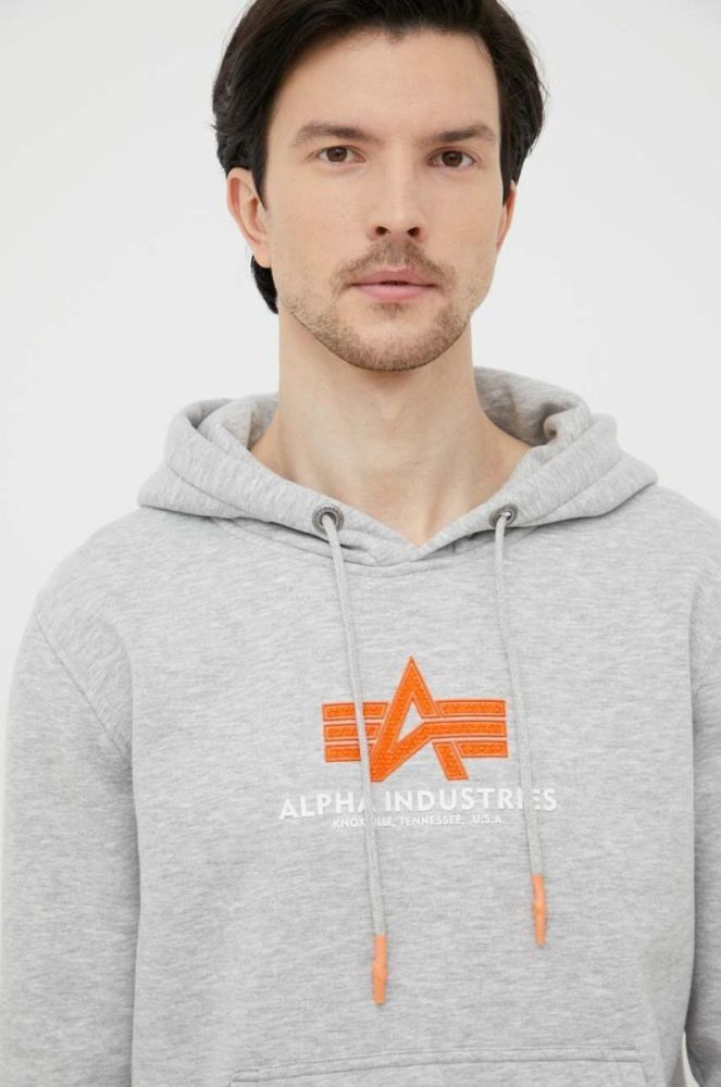 Кофта Alpha Industries чоловіча колір сірий з капюшоном з принтом фото 4
