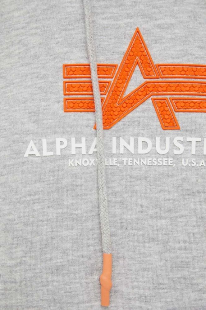 Кофта Alpha Industries чоловіча колір сірий з капюшоном з принтом фото 5