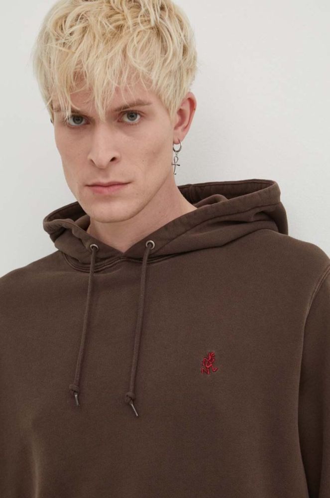Бавовняна кофта Gramicci One Point Hooded Sweatshirt чоловіча колір коричневий з капюшоном однотонна фото 4