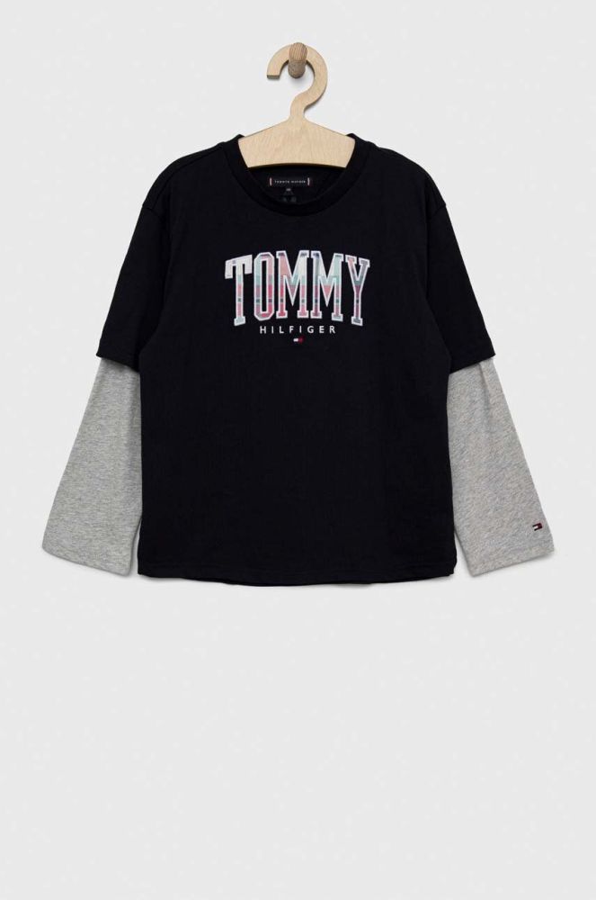 Дитячий бавовняний лонгслів Tommy Hilfiger колір синій з аплікацією