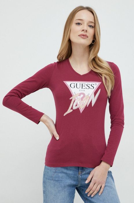 Бавовняний лонгслів Guess колір бордовий