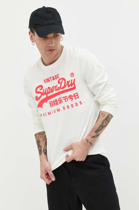 Бавовняний лонгслів Superdry колір бежевий з принтом