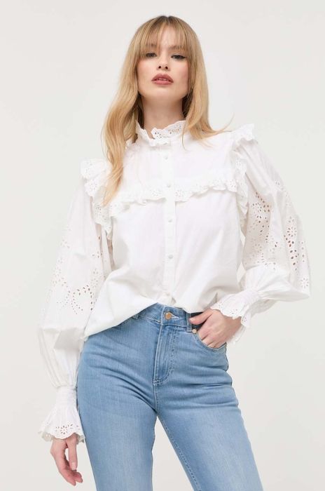 Бавовняна сорочка Notes du Nord жіноча колір бежевий regular зі стійкою