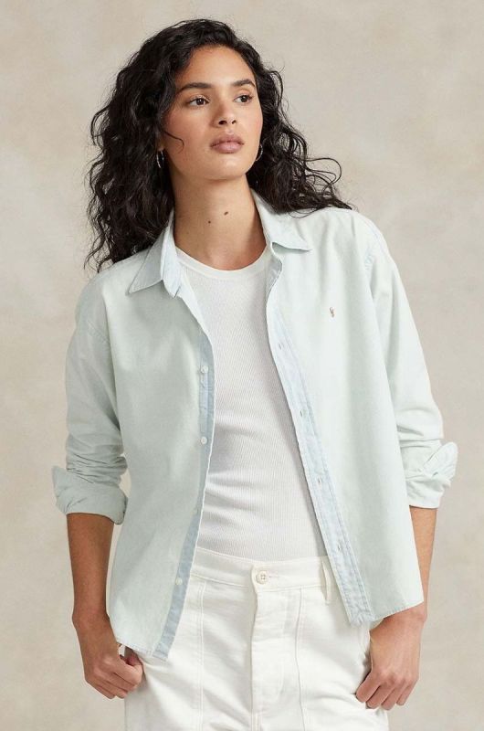 Бавовняна сорочка Polo Ralph Lauren жіноча relaxed класичний комір колір блакитний (3153122)