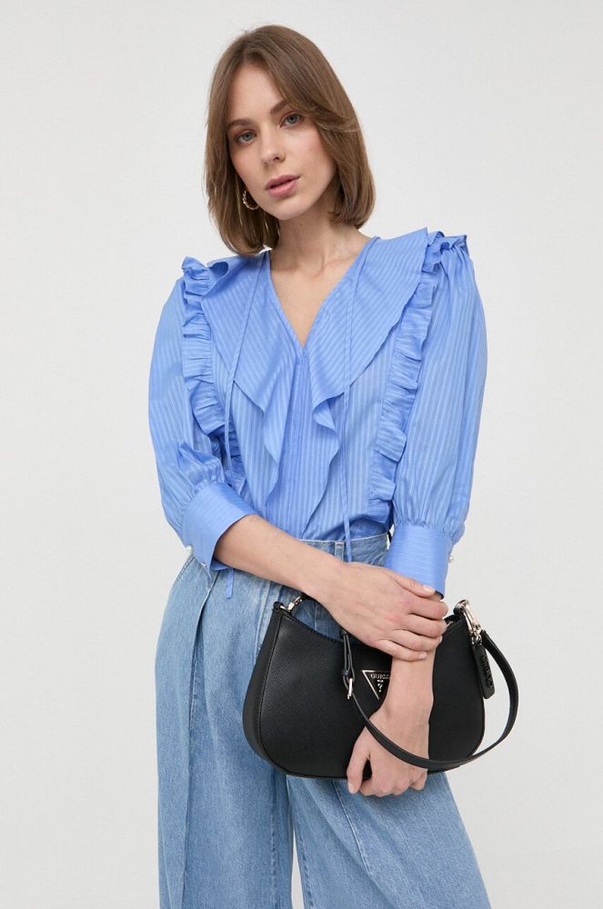 Бавовняна блузка BOSS жіноча візерунок колір блакитний