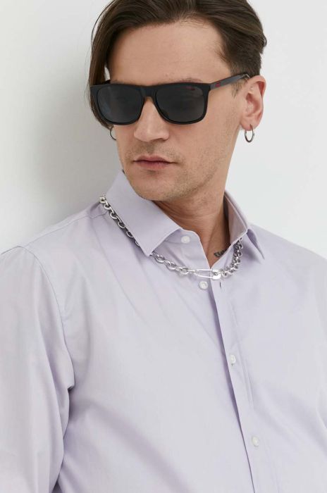 Бавовняна сорочка HUGO чоловіча колір фіолетовий slim класичний комір (3114900)
