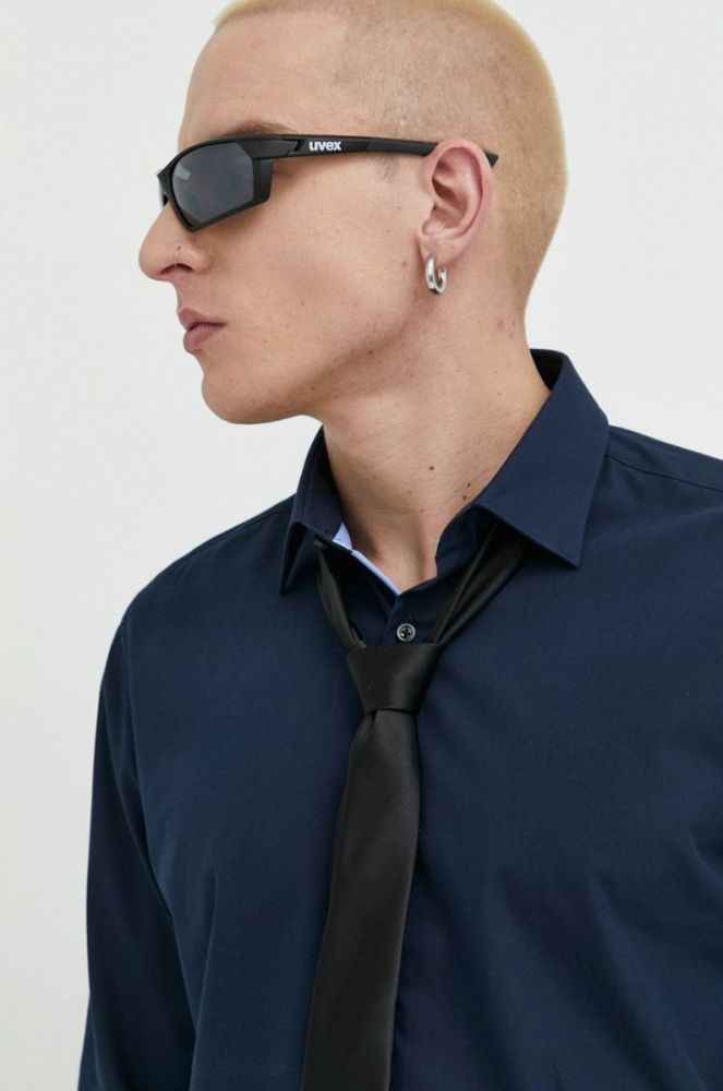 Бавовняна сорочка HUGO чоловіча колір синій slim класичний комір (2905827) фото 4