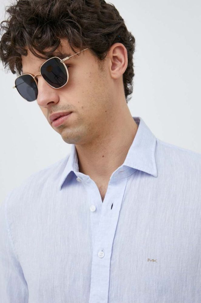 Сорочка з льону Michael Kors slim класичний комір колір блакитний фото 5
