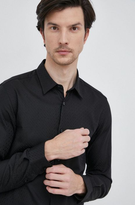 Бавовняна сорочка BOSS чоловіча колір чорний slim класичний комір