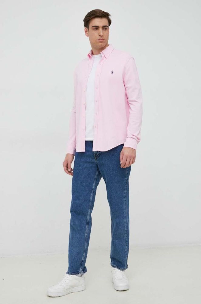 Бавовняна сорочка Polo Ralph Lauren чоловіча колір рожевий regular комір button-down (2946382) фото 3