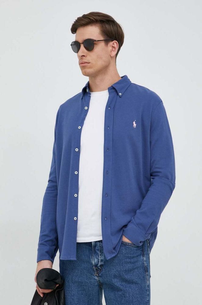 Бавовняна сорочка Polo Ralph Lauren чоловіча regular комір button-down колір блакитний (2946388)