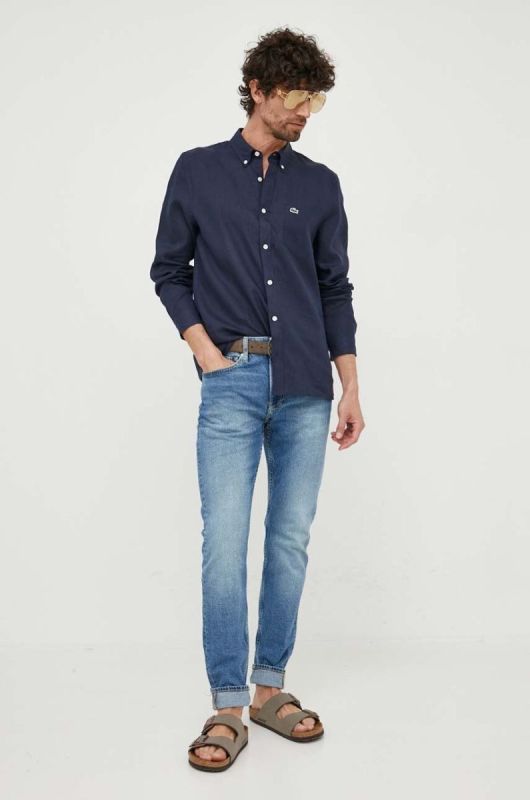 Сорочка з льону Lacoste колір синій regular комір button-down (3022387) фото 2