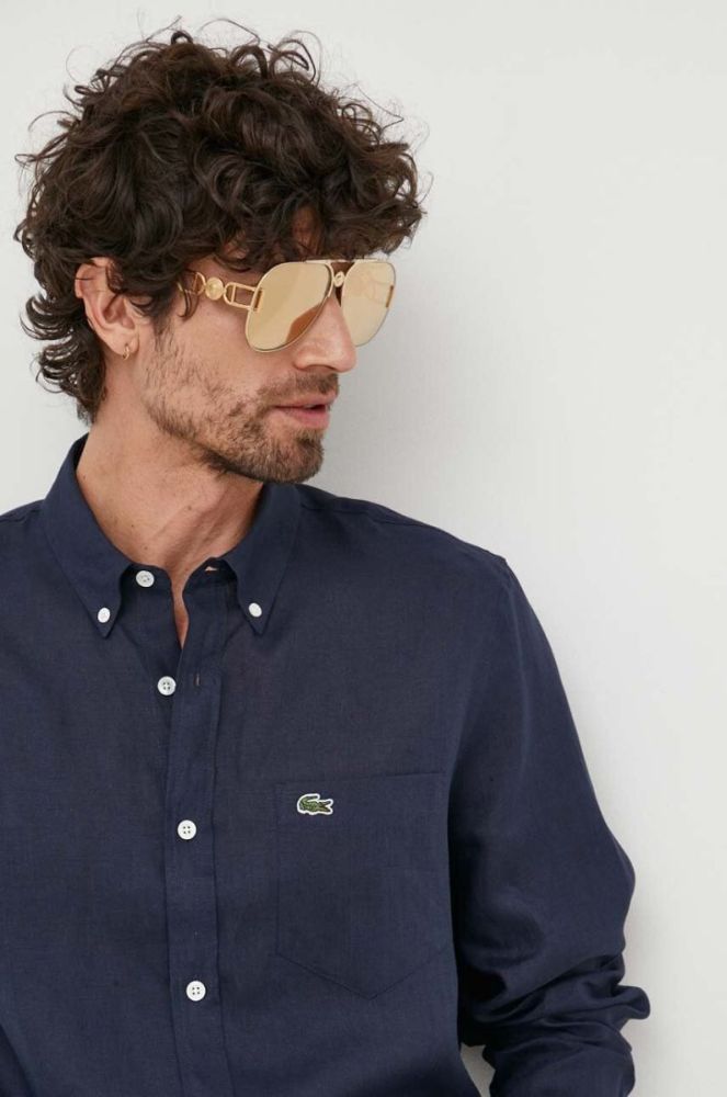 Сорочка з льону Lacoste колір синій regular комір button-down (3022387) фото 4