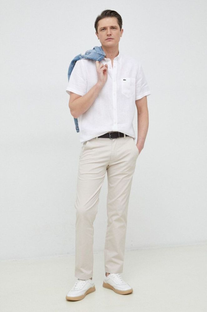 Сорочка з льону Lacoste колір білий regular комір button-down фото 2
