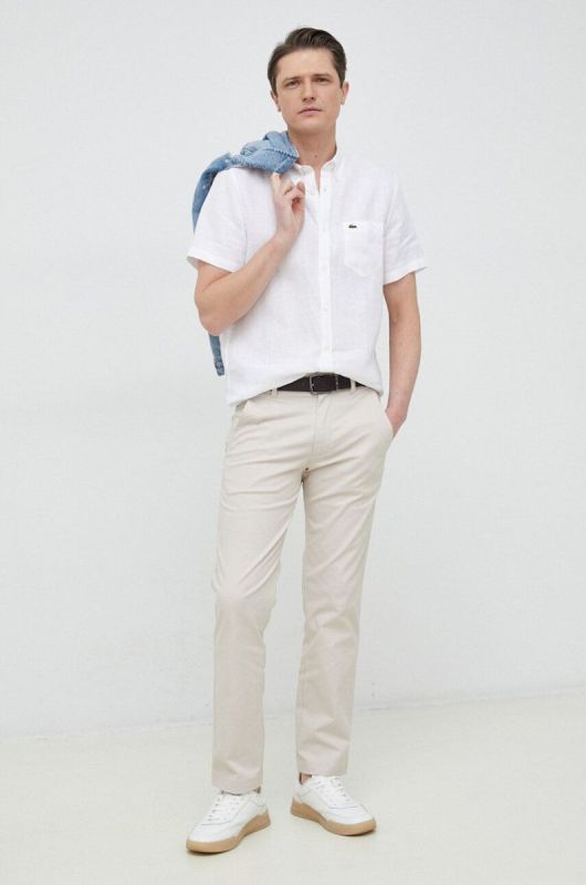 Сорочка з льону Lacoste колір білий regular комір button-down фото 2