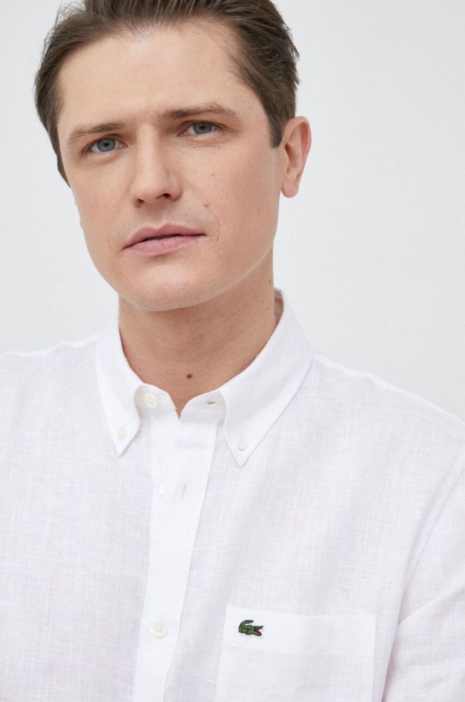 Сорочка з льону Lacoste колір білий regular комір button-down фото 4