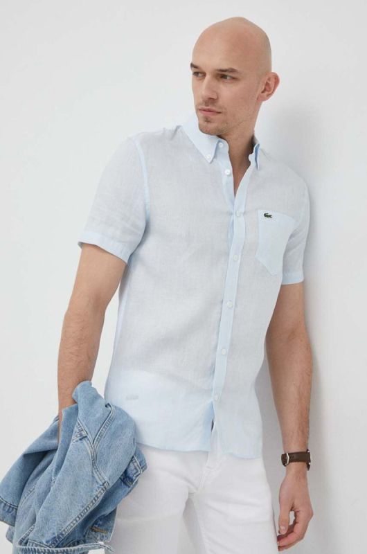 Сорочка з льону Lacoste regular комір button-down колір блакитний (3030825)