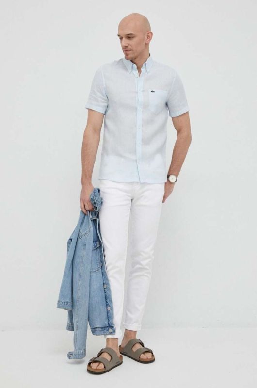 Сорочка з льону Lacoste regular комір button-down колір блакитний (3030825) фото 2