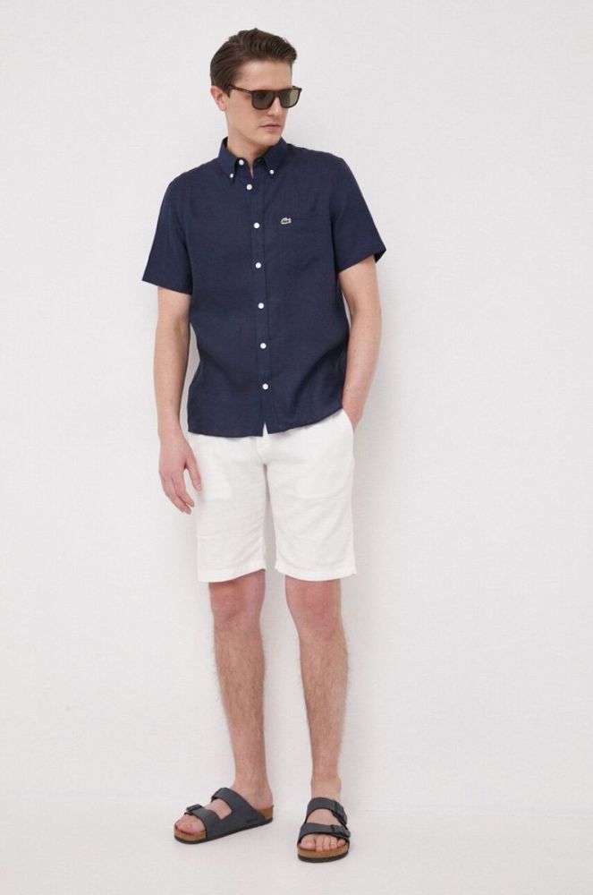 Сорочка з льону Lacoste колір синій regular комір button-down (3030816) фото 2