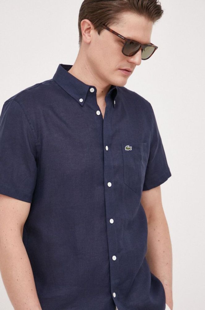 Сорочка з льону Lacoste колір синій regular комір button-down (3030816) фото 4