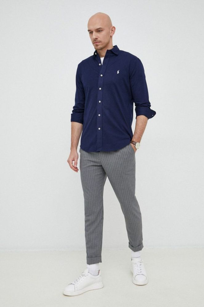 Бавовняна сорочка Polo Ralph Lauren чоловіча колір синій regular класичний комір (2978477) фото 3