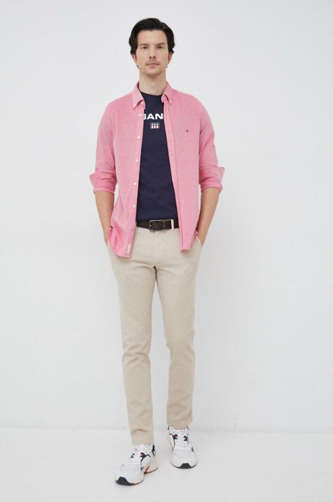 Бавовняна сорочка Tommy Hilfiger чоловіча колір червоний slim комір button-down (3112493) фото 2