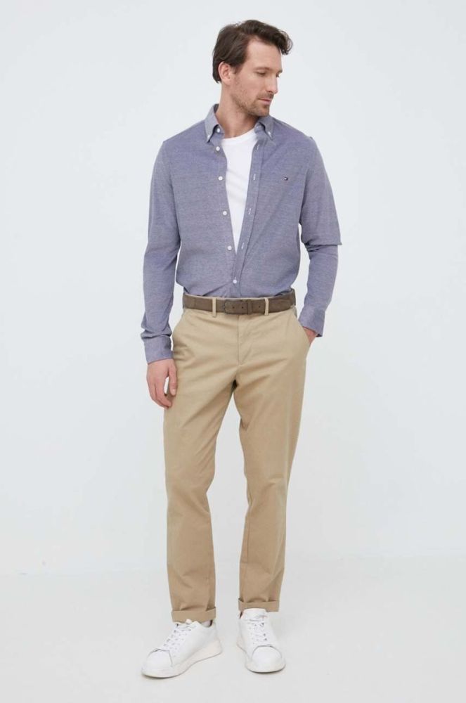 Бавовняна сорочка Tommy Hilfiger чоловіча колір синій slim комір button-down (3112503) фото 3