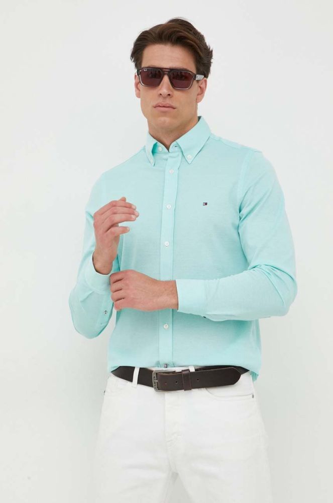 Бавовняна сорочка Tommy Hilfiger чоловіча колір бірюзовий slim комір button-down